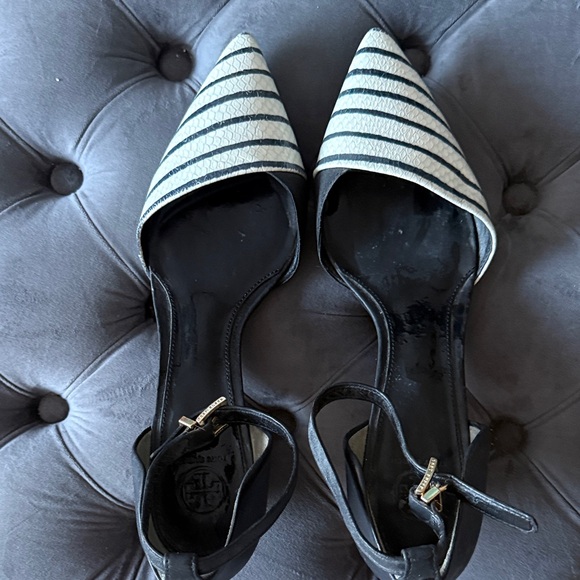 Tory Burch Shoes - Tory Burch Vintage Striped Blue and White ankle strap Women's Shoes